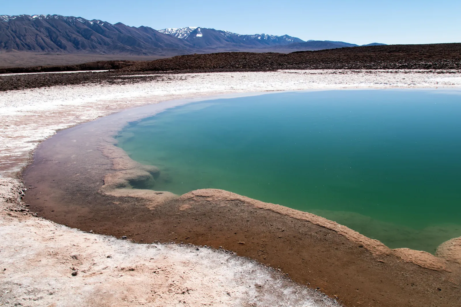 A green salt-rimmed lagoon below bare mountains near San Pedro de Atacama