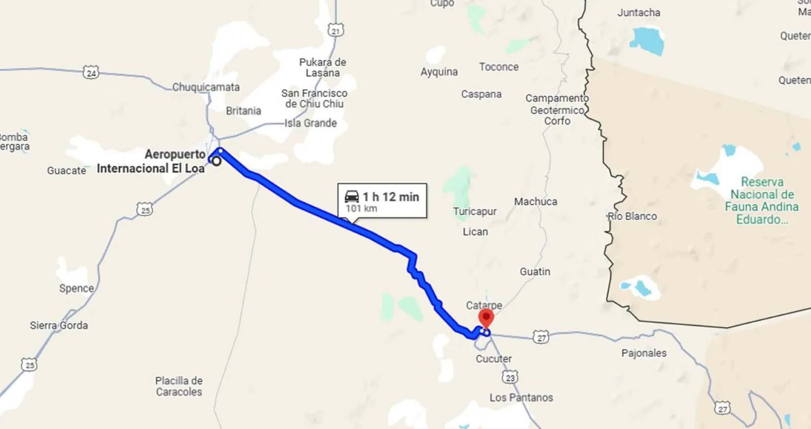 Map of the route from Aeropuerto El Loa in Calama to San Pedro de Atacama, marked 101 km and about 1 h 12 min