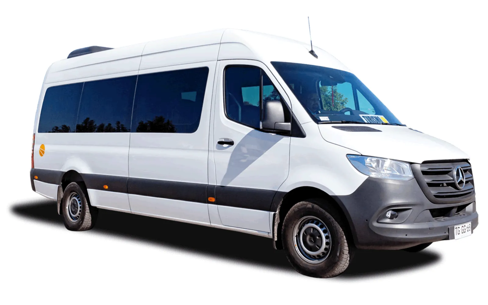 A white Mercedes-Benz Sprinter minibus shown on a plain white background