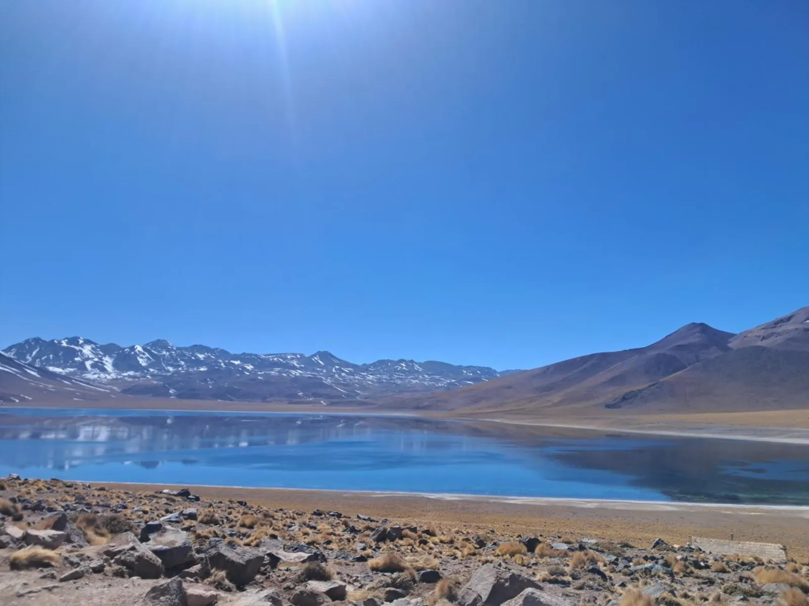 Laguna Miscanti's deep blue water below a snow-dusted mountain range