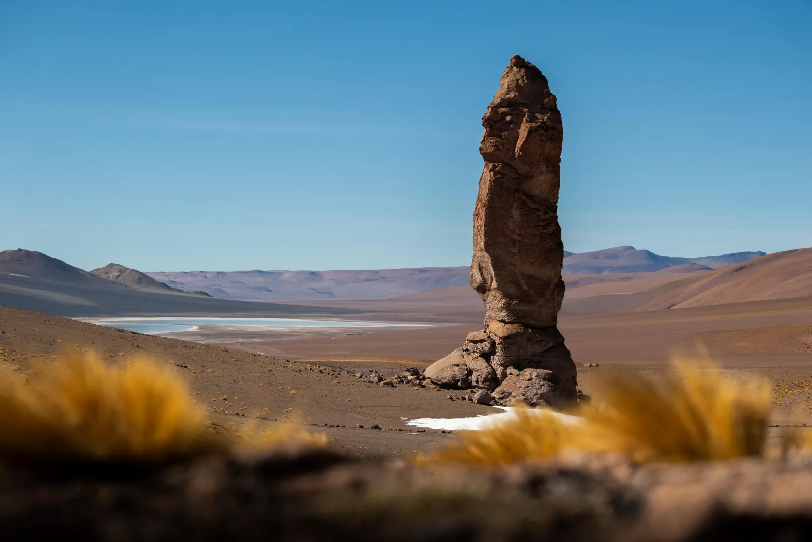A lone rock pillar of the Monjes de la Pacana rises above golden grass, with a lagoon in the distance