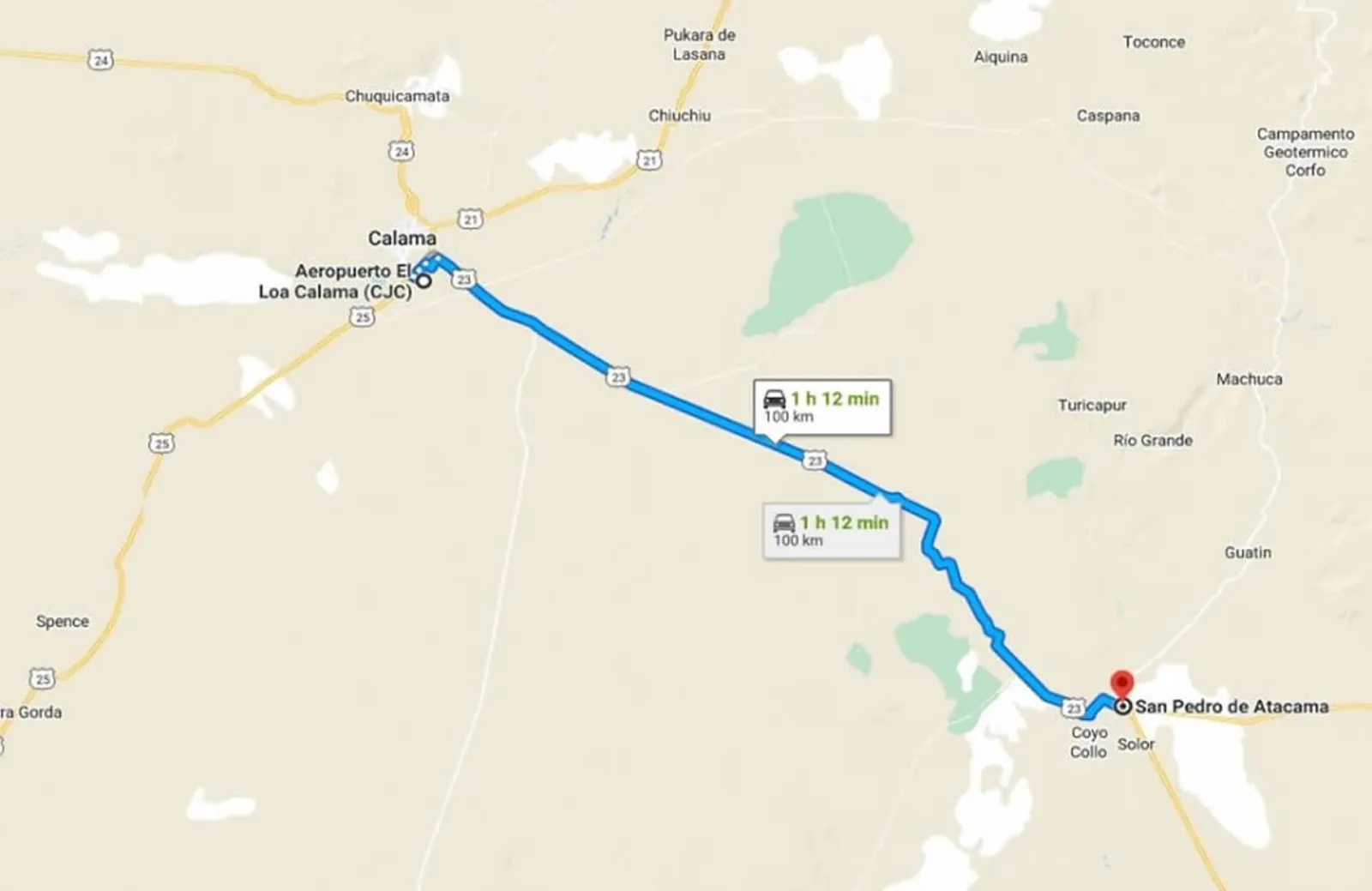 Map of the route from El Loa Airport (CJC) in Calama to San Pedro de Atacama, marked 100 km and about 1 h 12 min