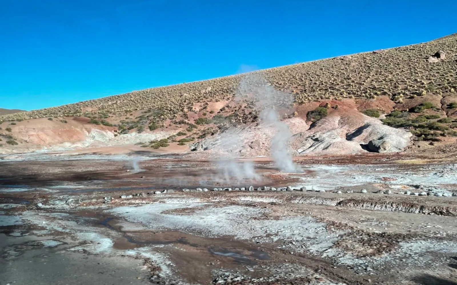 Small steam vents rise from mineral crusts at the foot of a hillside at El Tatio